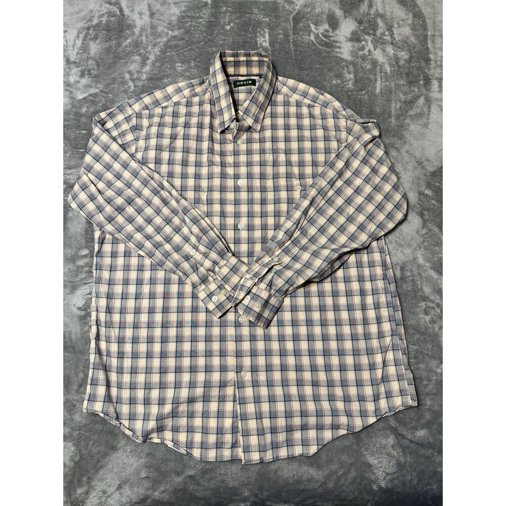 Orvis Shirt Mens Brown Tan Long Sleeve Button Up Cotton Vintage Plaid XL